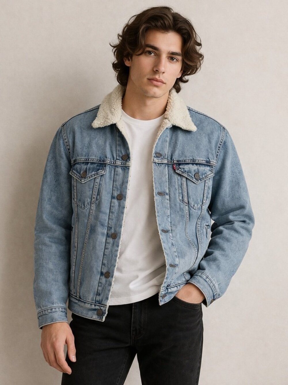Levi's Original Trucker jacket - faded denim with sherpa ling - size M
